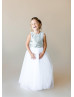 Silver Sequin White Tulle Cross Back Floor Length Flower Girl Dress